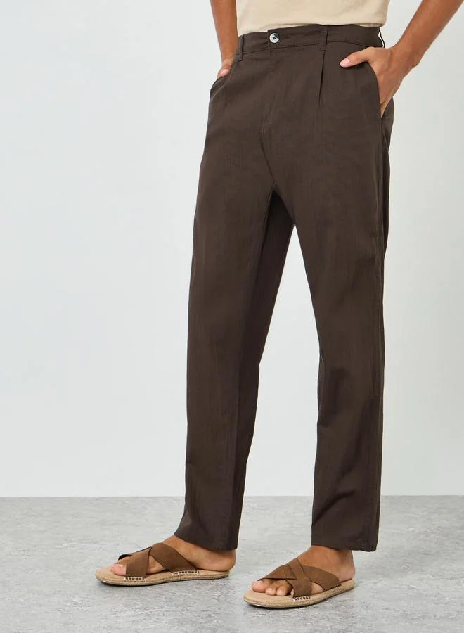 Styli  Men Brown Pleated Tapered Linen Trousers for Men | Best Price UAE